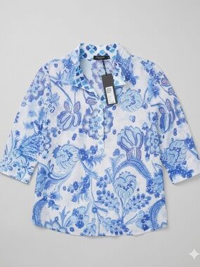 Blue Floral Collared V-Neck Tunic